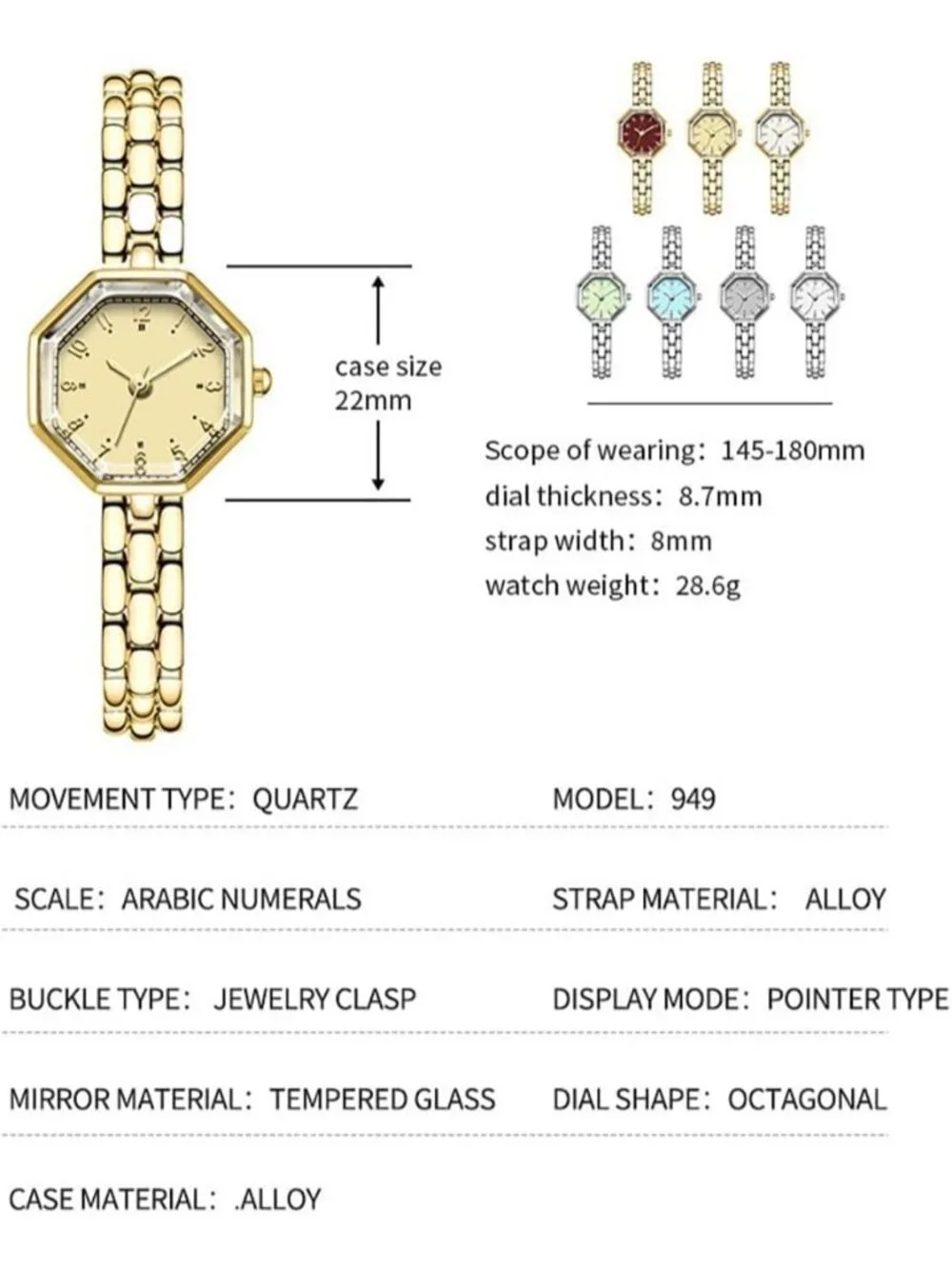 Women’s Gold White Octagonal Small Face Bracelet Quartz Movement Wrist Watch